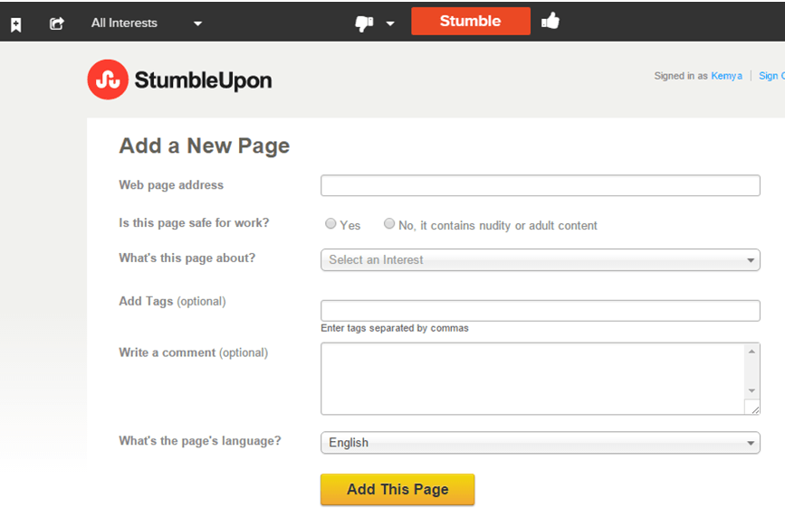 StumbleUpon add a page