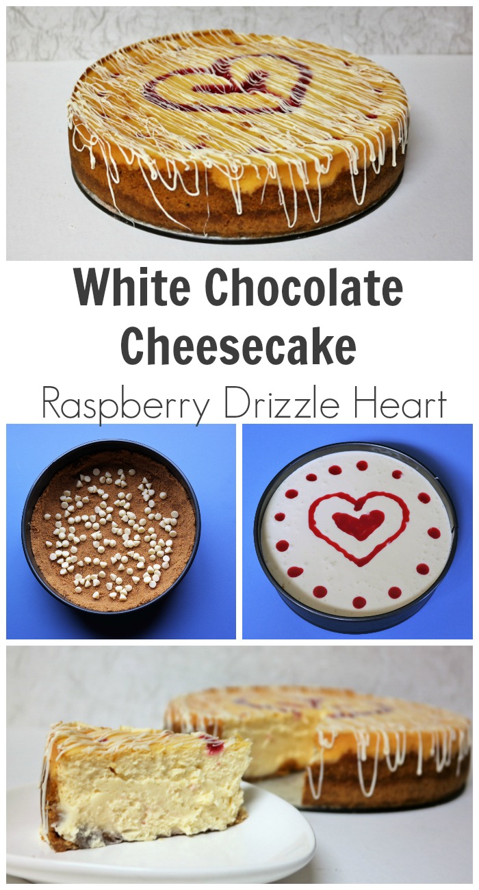 Baked White Chocolate Cheesecake Recipe with a Raspberry Drizzle Heart